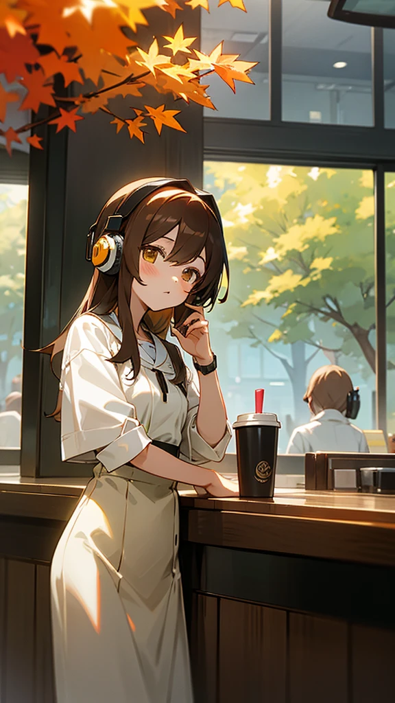 Anime-style characters standing at the cafe counter、I have a coffee cup。She has brown hair and、wearing headphones。The white blouse has ruffle details。Outside the window is a tree with yellow leaves々I can see、There is an autumn atmosphere。