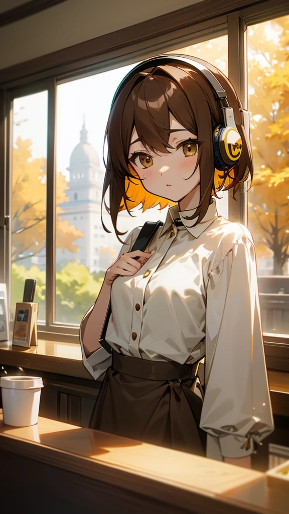 Anime-style characters standing at the cafe counter、I have a coffee cup。She has brown hair and、wearing headphones。The white blouse has ruffle details。Outside the window is a tree with yellow leaves々I can see、There is an autumn atmosphere。