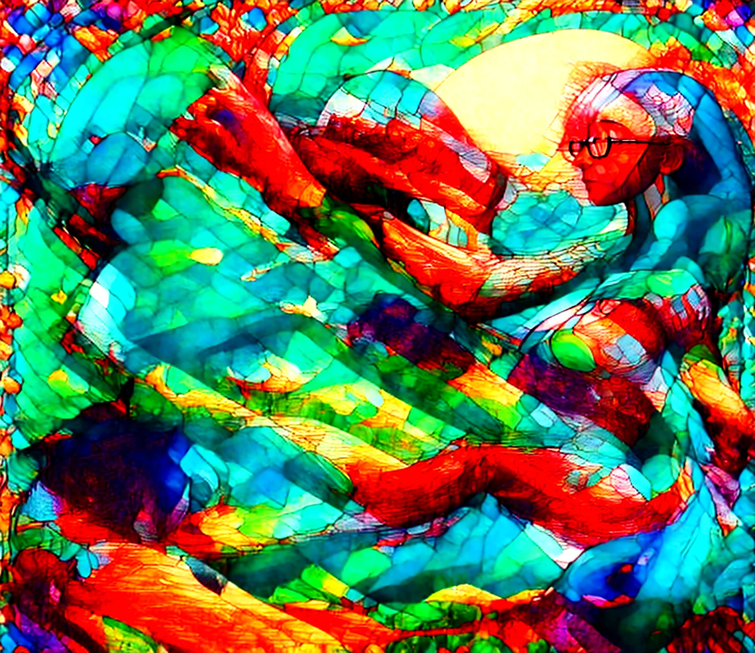 stained glass, woman glasses, girl, detail, high definition, 4k, balanced, bright, contrast, 