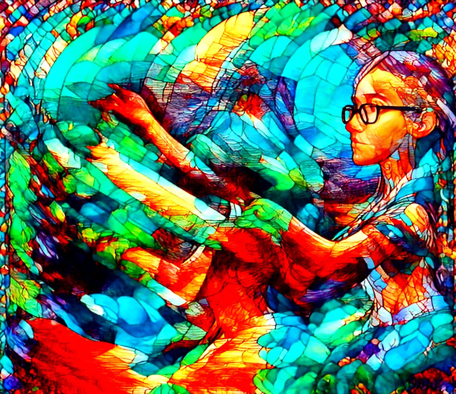 stained glass, woman glasses, girl, detail, high definition, 4k, balanced, bright, contrast, 