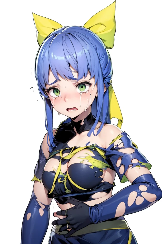 beautiful girl,,Scared,painful,cry,stomach ache,Green Eyes,Blue Hair,Yellow ribbon,Torn clothes,4K,8K,Highest quality
