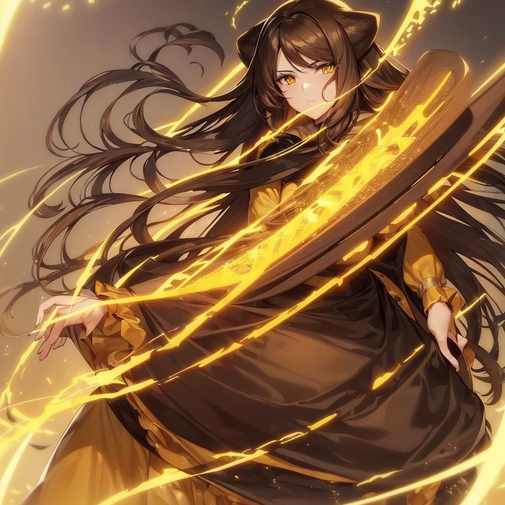 ((good quality.)) ((make a woman with huge long brown hair, yellow eyes, flashy and beautiful outfit in black, BROWN HAIR CUM))