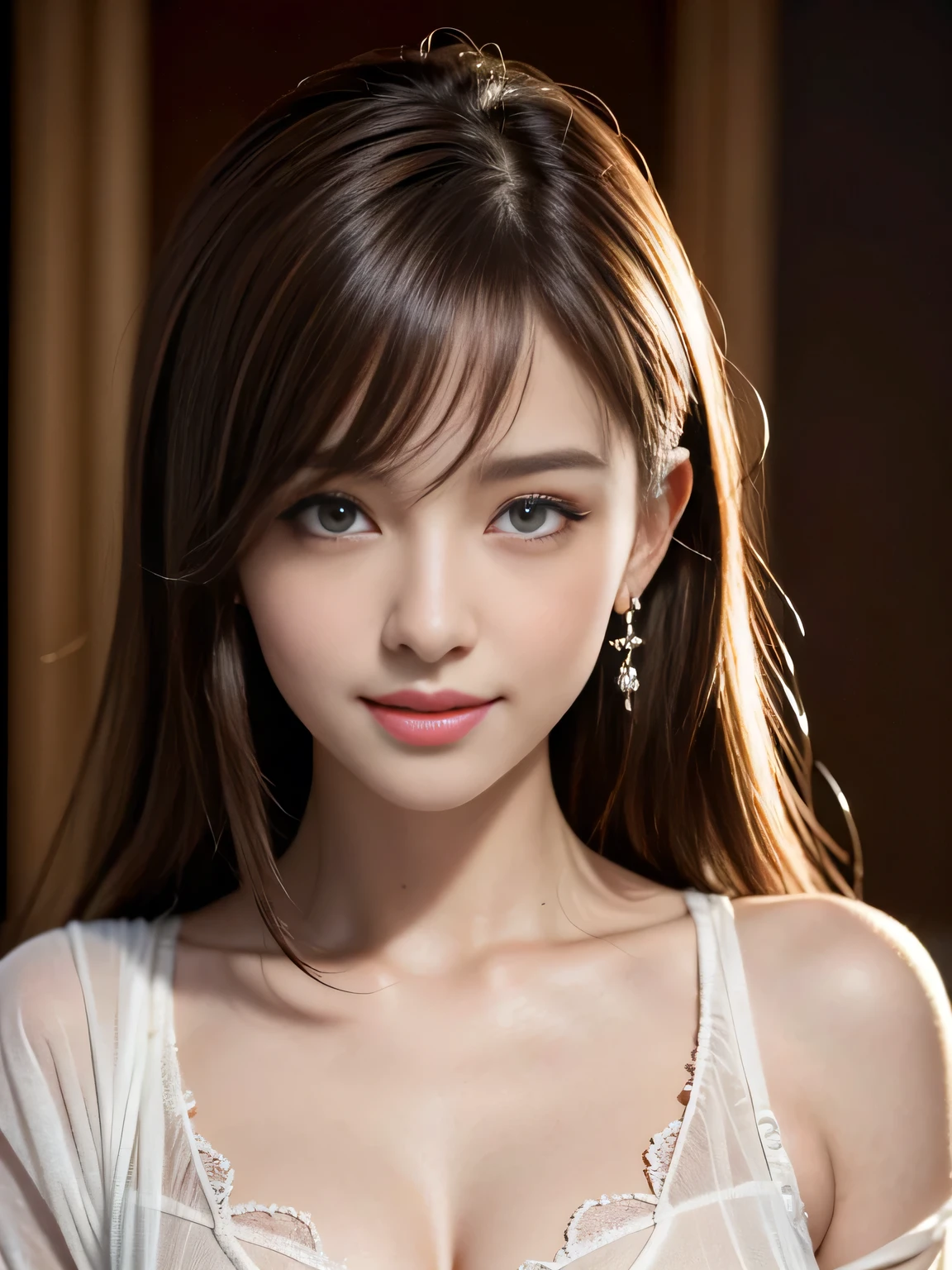 (Raw photo, Best Quality), (Realistic, Photorealsitic:1.4), masterpiece, extremely delicate and beautiful, Extremely detailed, 8k wallpaper, amazing, finely detail, extremely detailed CG Unity, hight resolution, 1 japanese woman, cowboyshot, Soft light, beautiful detailed women, 25 years old, extremely detailed eye and face, beautiful detailed nose, Beautiful detailed eyes, Cinematic lighting, Perfect Anatomy, Glamour, (Mischievous smile), (hair messy, asymmetrical bangs, light brown hair), (neat and clean clothing), (layering clothing), 