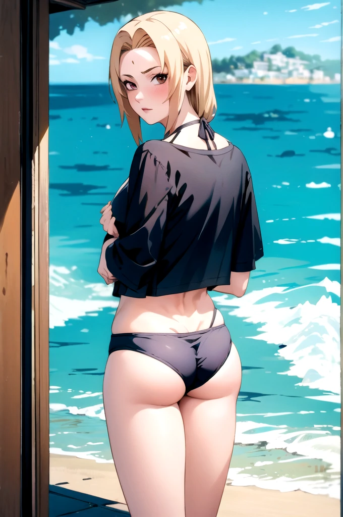 masterpiece, best quality, facing viewer, looking at viewer, 1girl, solo, outdoors, beach, standing, shy,tsunade, bikini,mark