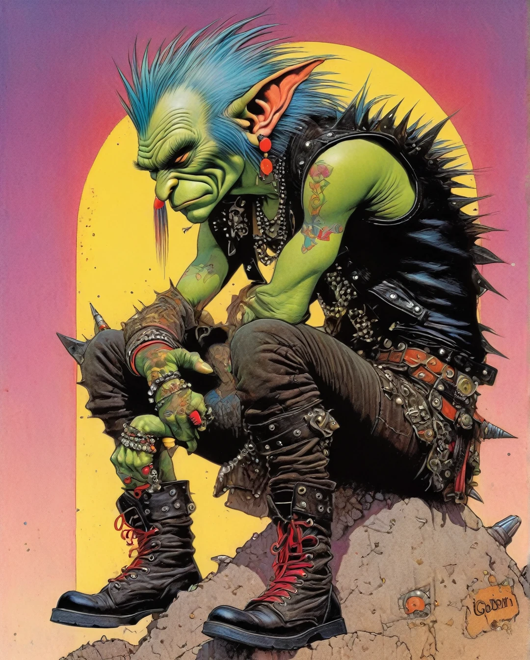 A rebellious goblin clad in edgy punk rock clothing, showcasing intricate details in spiked studs and tattered leather. The character is depicted in a poster design created in the vibrant and imaginative art style of Moebius. The image radiates with raw energy, from the goblin's wild, colorful hair to the intricate tattoos covering their arms. Each element is brought to life with precision and skill, immersing the viewer in a world of rebellious creativity and attitude. This high-quality artwork captures the essence of punk rock in a visually striking and engaging way.