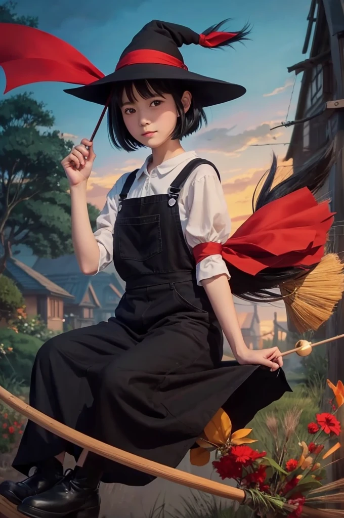 Studio Ghibli style animation. Witch's Delivery Service, Japanese girl with black hair, red ribbon in her hair, black overalls outfit, short, flying on a broom, black cat sitting at the end of the broom. Top quality, masterpiece, detailed, highest quality, 12K
