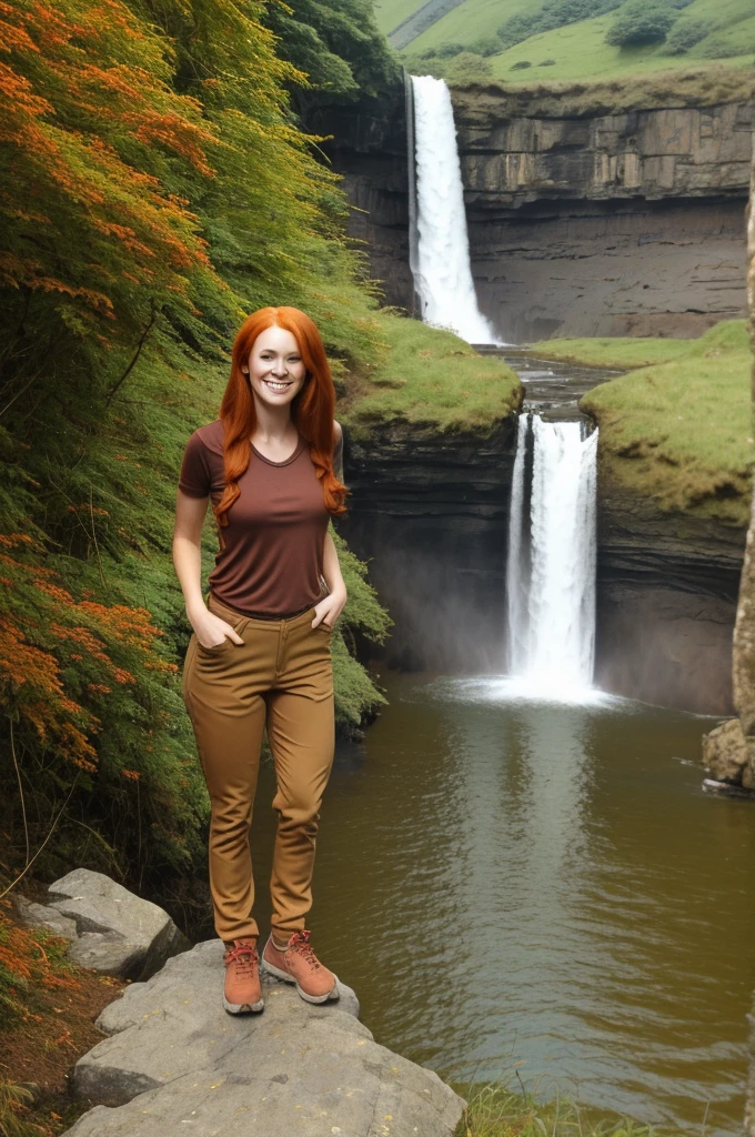chris Eclear waterfall and Poole from 35 feet high Irish Vibrant red hair girl "She's very tall ,Hands and 1 arm over her head On the other in her hair in triumph In a Hiking pants and top in the colour of Brown khaki Gear," Standing knee high with two white little dogs Give this picture an Irish feel of an Irish countryside