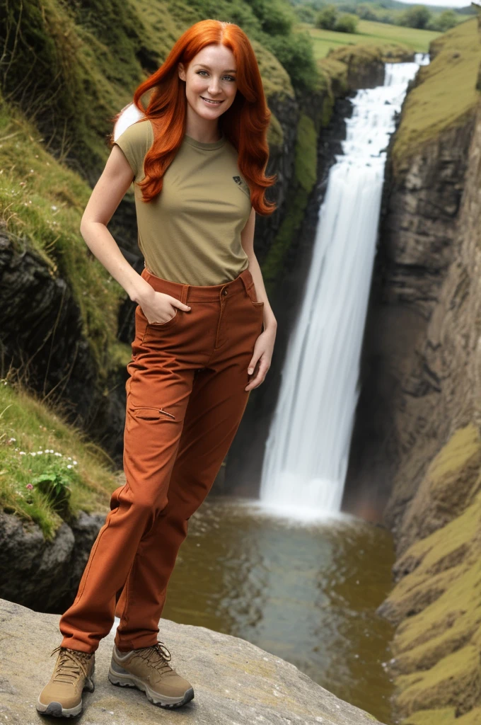 chris Eclear waterfall and Poole from 35 feet high Irish Vibrant red hair girl "She's very tall ,Hands and 1 arm over her head On the other in her hair in triumph In a Hiking pants and top in the colour of Brown khaki Gear," Standing knee high with two white little dogs Give this picture an Irish feel of an Irish countryside