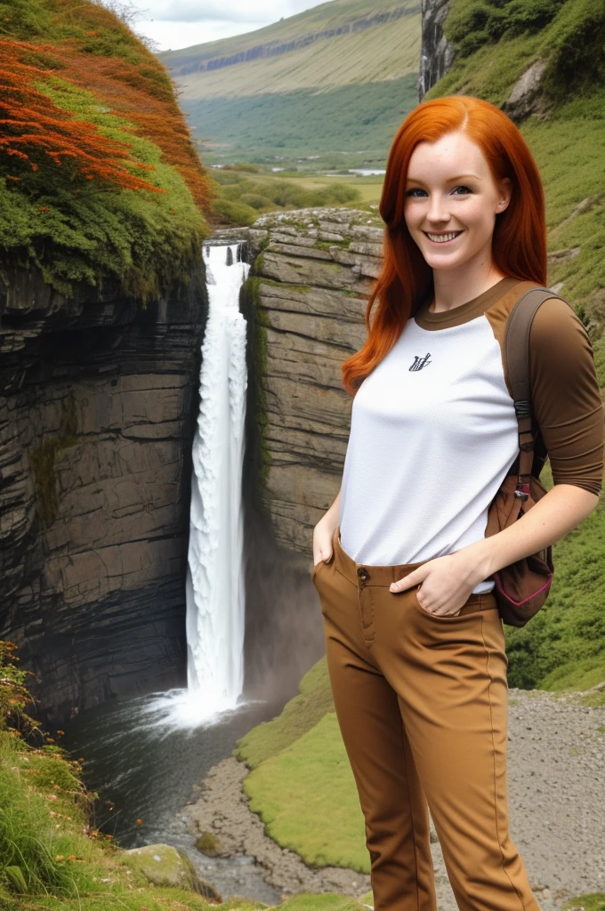 chris Eclear waterfall and Poole from 35 feet high Irish Vibrant red hair girl "She's very tall ,Hands and 1 arm over her head On the other in her hair in triumph In a Hiking pants and top in the colour of Brown khaki Gear," Standing knee high with two white little dogs Give this picture an Irish feel of an Irish countryside