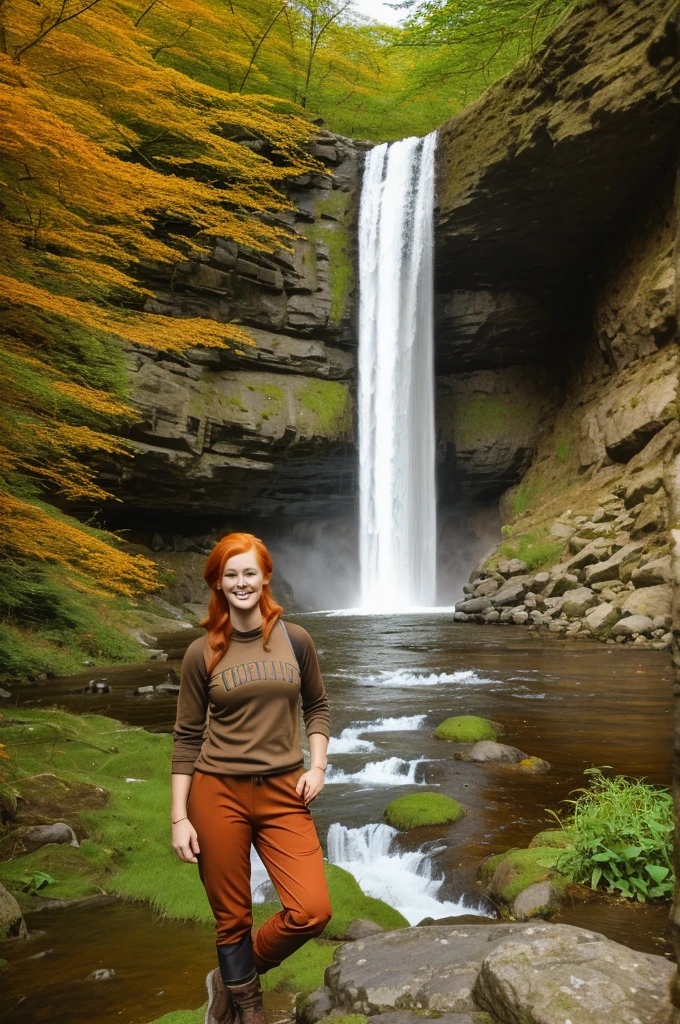 chris Eclear waterfall and Poole from 35 feet high Irish Vibrant red hair girl "She's very tall ,Hands and 1 arm over her head On the other in her hair in triumph In a Hiking pants and top in the colour of Brown khaki Gear," Standing knee high with two white little dogs Give this picture an Irish feel of an Irish countryside