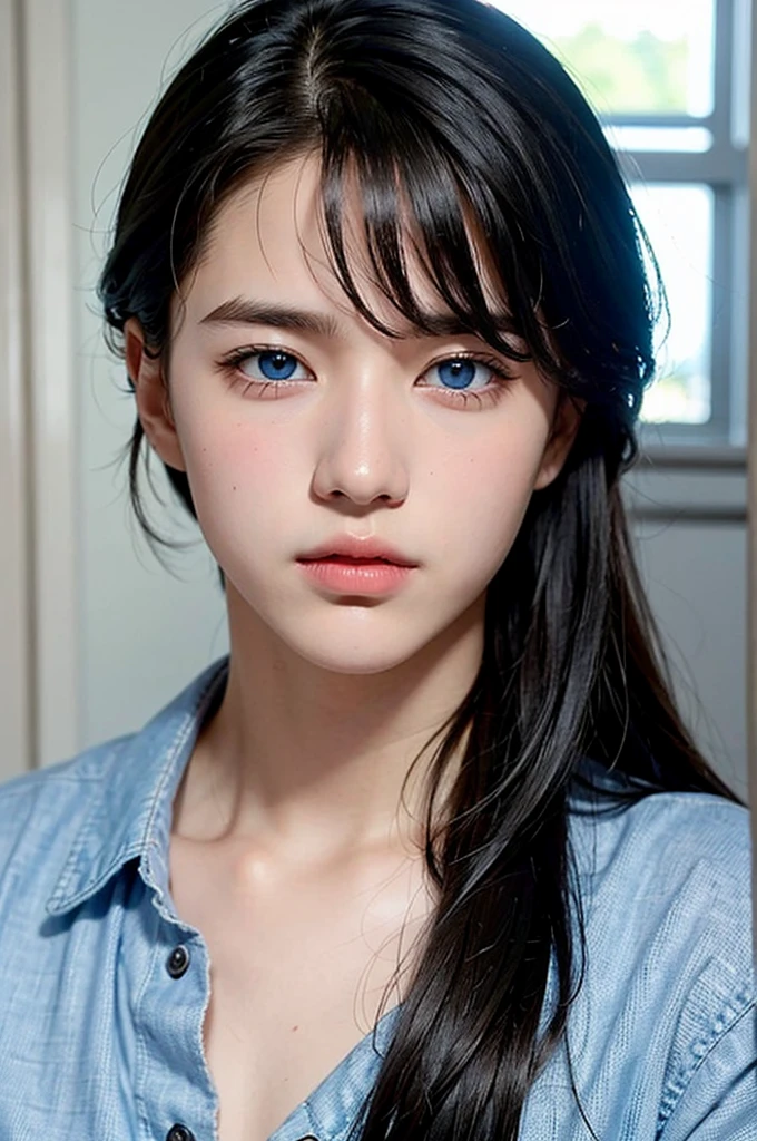 A boy in a , black hair and blue eyes very cute but also handsome