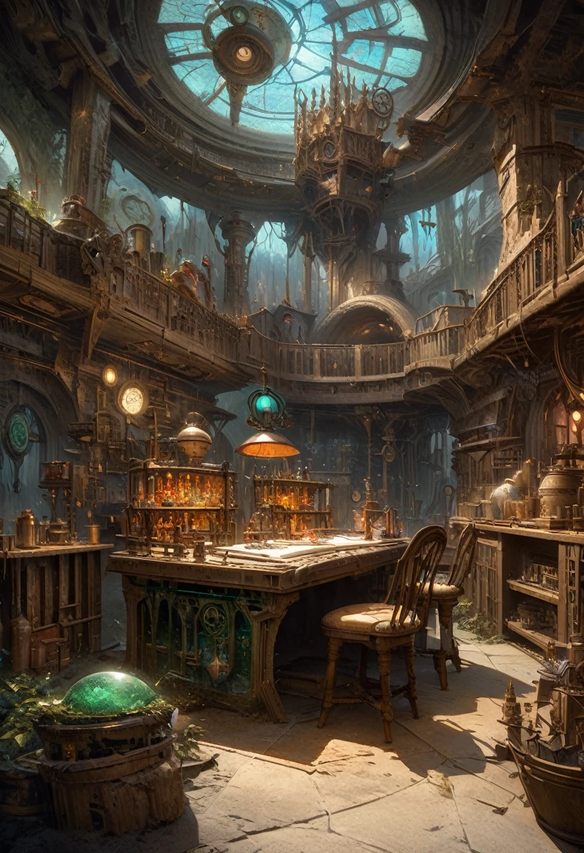 room with desk and chair, fantasy alchemist laboratory, magic laboratory setting, mysterious laboratory, steampunk laboratory, magic lab background, wizards laboratory, surreal sci fi set design, science fantasy painting, 8k high detail concept art, alchemy laboratory, highly detailed matte painting, realistic fantasy render, surrealism 8k,