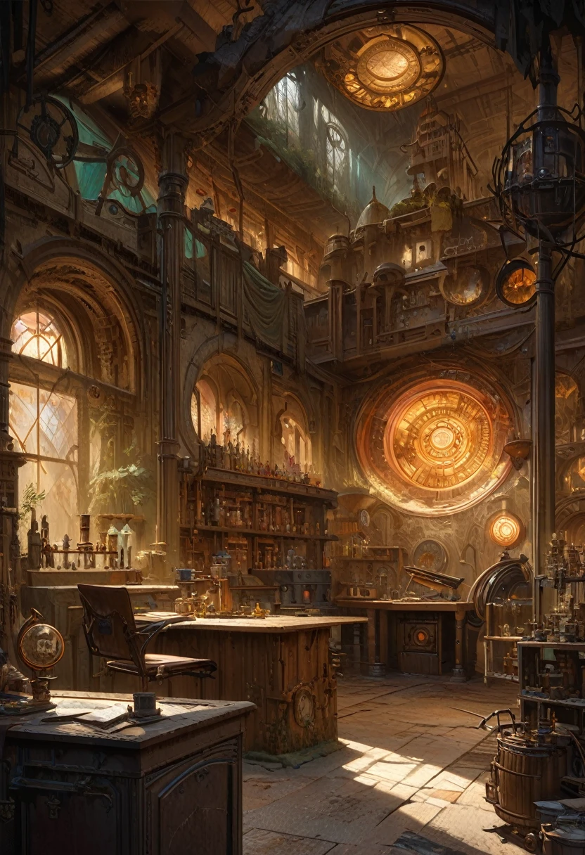 room with desk and chair, fantasy alchemist laboratory, magic laboratory setting, mysterious laboratory, steampunk laboratory, magic lab background, wizards laboratory, surreal sci fi set design, science fantasy painting, 8k high detail concept art, alchemy laboratory, highly detailed matte painting, realistic fantasy render, surrealism 8k,