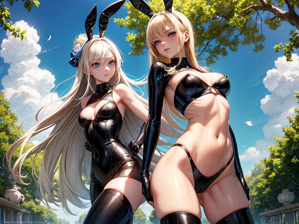 one young age bunny girl and elegant black latex body, she has fake bunny ears, she is blond with blue eyes, she is very fine , her fine chest, her chest is flat, she has small breasts, she has pretty hips and bare shoulders, she looks shy, her back well arched. she is in beautifull garden very blossomn and sun light