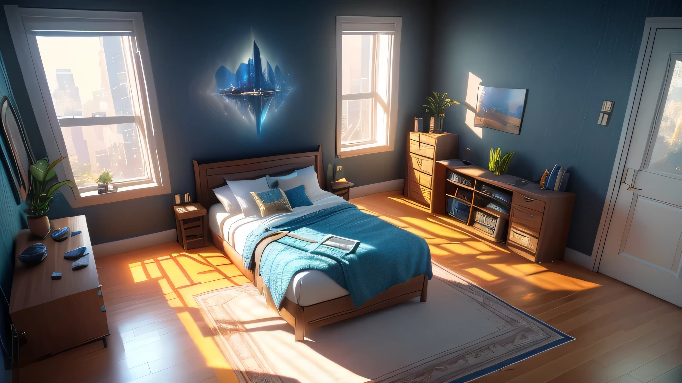 (Game Concept Art Design: 1.1), (Isometric 3D), (masterpiece), (Highly detailed CG Unity 8k wallpaper), (Highest quality), (Best illustrations), (Best Shadow), Isometric art, Apartment bedroom at night with floor-to-ceiling windows, Bed by the window, Night view outside the window, bedroom sofa, Tea table, doll, Ray Tracing, Super detailed, figure, Unreal Engine, Art Station, Unreal 5, Daz, Surrealism, Octane Rendering, High Quality Shadows,