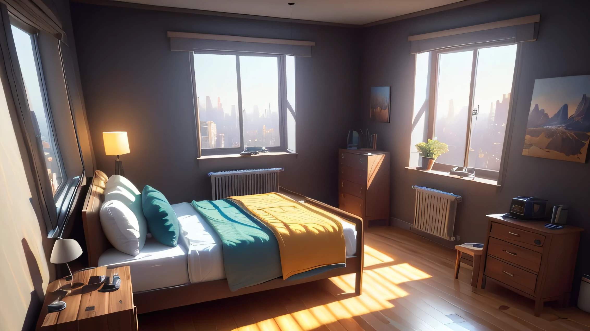 (Game Concept Art Design: 1.1), (Isometric 3D), (masterpiece), (Highly detailed CG Unity 8k wallpaper), (Highest quality), (Best illustrations), (Best Shadow), Isometric art, Apartment bedroom at night with floor-to-ceiling windows, Bed by the window, Night view outside the window, bedroom sofa, Tea table, doll, Ray Tracing, Super detailed, figure, Unreal Engine, Art Station, Unreal 5, Daz, Surrealism, Octane Rendering, High Quality Shadows,