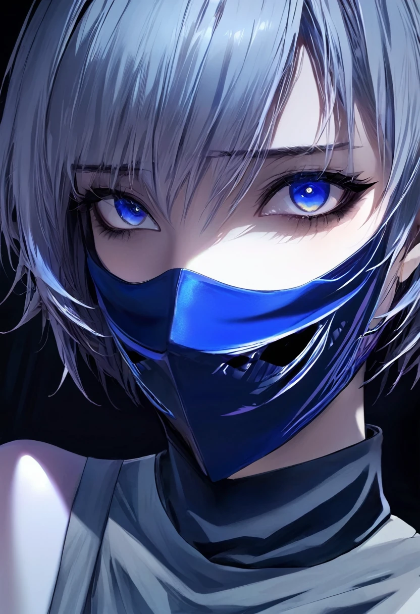 girl.short hair.become black.eyes.Blue.Terrifying mask.clothes.Normal
