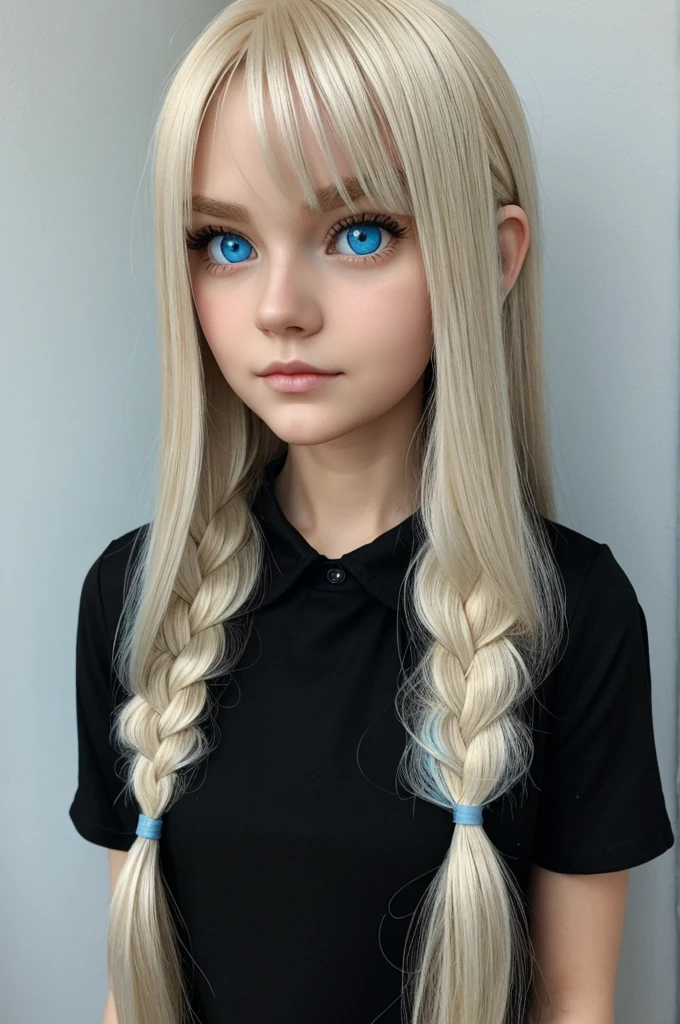 black shirt, blythe doll light blue eyes long blonde hair no bangs