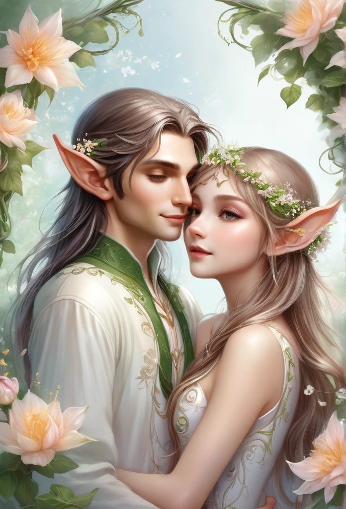 high quality),(refined details),(fantasy illustration),a couple of elves hugging each other (boy and girl), ((full body)),delicate long ears, girl's hair adorned with flowers and vines, perfect angelical face, inocente,delicate,light mist background , surrounded by flowers