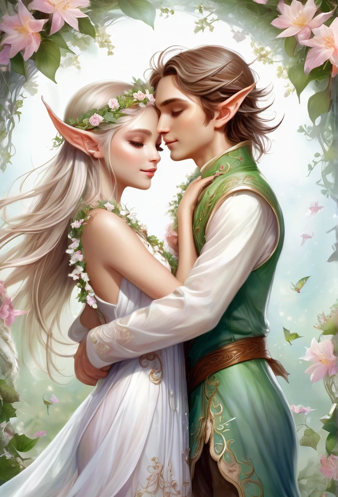 high quality),(refined details),(fantasy illustration),a couple of elves hugging each other (boy and girl), ((full body)),delicate long ears, girl's hair adorned with flowers and vines, perfect angelical face, inocente,delicate,light mist background , surrounded by flowers