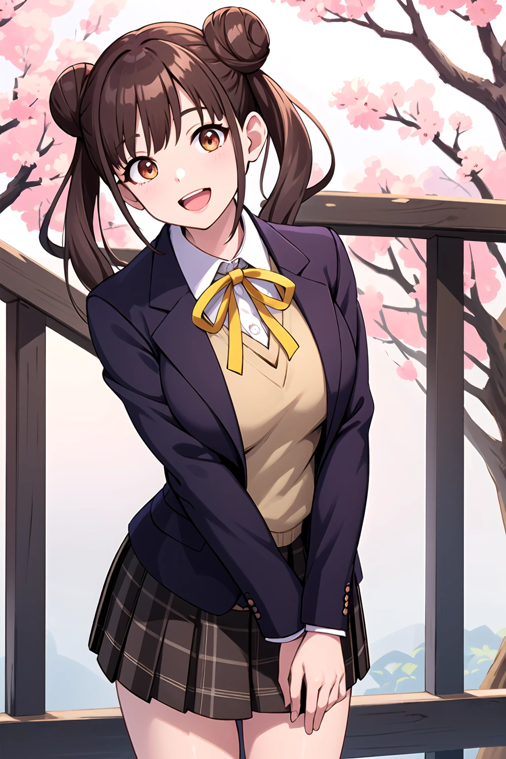 masterpiece, best quality, highres, aachiyoko, double bun, twintails, neck ribbon, yellow ribbon, collared shirt, sweater vest, blazer, black jacket, open clothes, long sleeves, plaid skirt, brown skirt, outdoor, cherry blossoms, smile, leaning forward, standing, cowboy shot, open mouth, arms behind back,