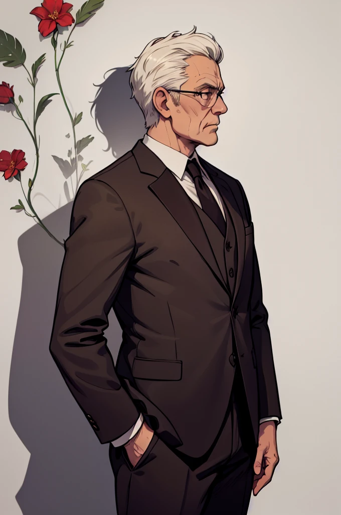 Cinematic photo, wide angle, of a handsom old man, tall and fit, 40 years old, short curly white hair. (((dark brown velvet suit))), ((the jacket has flower patterns:1.2)). Minimalistic background, clean composition, strong details, Muted Colours, Hasselblad --style raw, side view