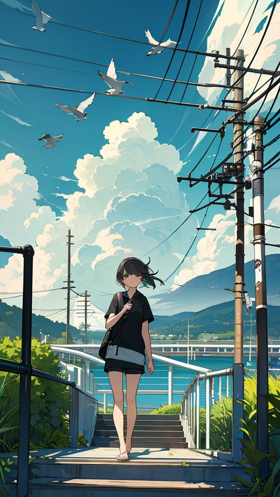 masterpiece, Exquisite detail,Highest quality,handrail, cloud,Power lines,View your viewers, Electric pole, bangs, cloudy zero, fish, bird, Green Eyes, Shorts, animal, Day, Black Shirt, barefoot,train,Railroad crossing,鯨