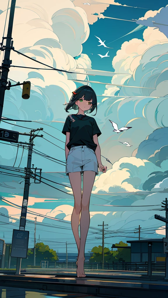masterpiece, Exquisite detail,Highest quality,handrail, cloud,Power lines,View your viewers, Electric pole, bangs, cloudy zero, fish, bird, Green Eyes, Shorts, animal, Day, Black Shirt, barefoot,train,Railroad crossing,鯨