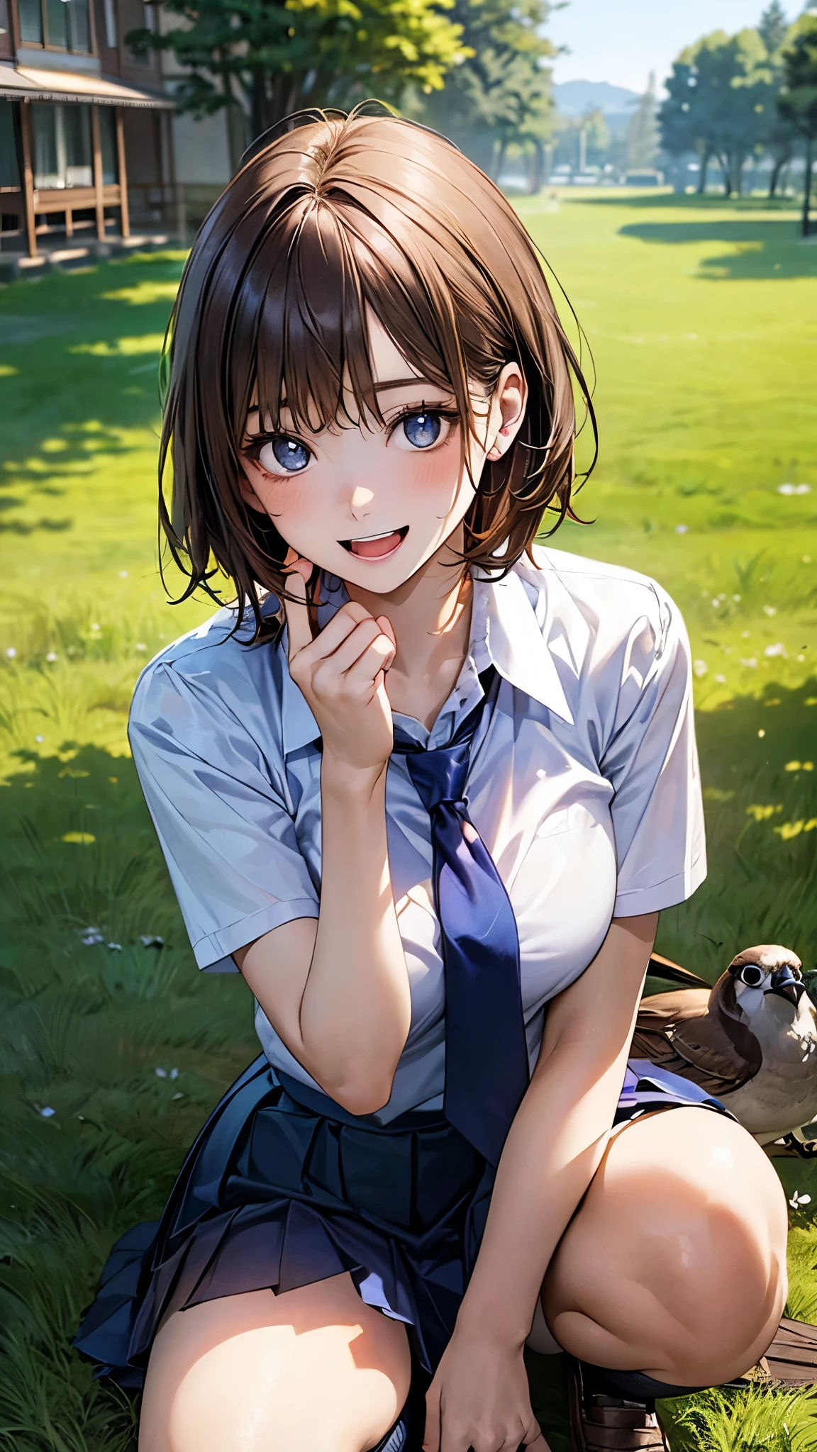 (masterpiece:1.2, top-quality), (realistic, photorealistic:1.4), beautiful illustration, (natural side lighting, movie lighting), nsfw,
looking at viewer, 1 girl, japanese, high school girl, ((girl with a sparrow on her hand)), perfect face, cute and symmetrical face, shiny skin,
(short hair:1.8, lob hair:1.3, light browm hair), bangs, blue eyes, slant eyes, big eyes, long eye lasher, (large breasts:0.8, thick thighs), slender,
beautiful detailed hair, beautiful detailed face, beautiful detailed eyes, beautiful clavicle, beautiful body, beautiful chest, beautiful thigh, beautiful legs, beautiful fingers,
(private school uniform:1.2, blue pleated skirt, light blue tie), socks,
(beautiful scenery), dawn, (grassy), squatting, hand on chin (lovely smile, open mouth),