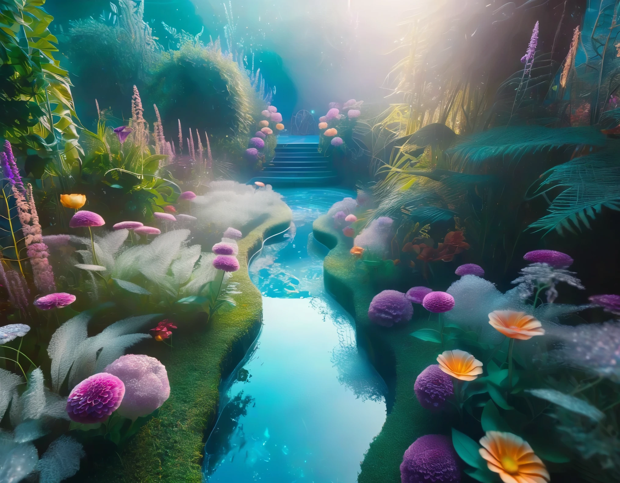 A futuristic garden of memory with floating holographic flowers and crystalline pathways. The scene is bathed in a soft, otherworldly glow.