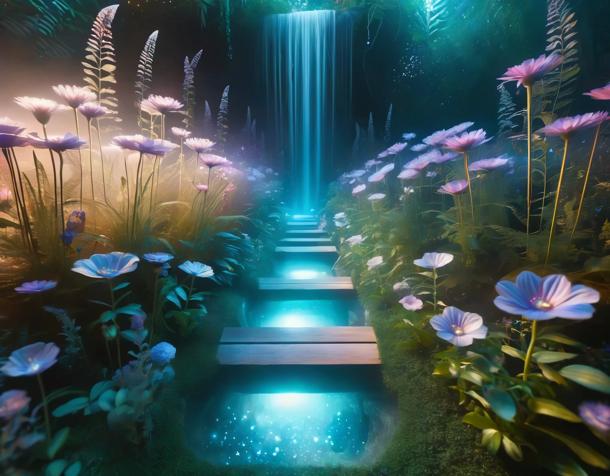 A futuristic garden of memory with floating holographic flowers and crystalline pathways. The scene is bathed in a soft, otherworldly glow.