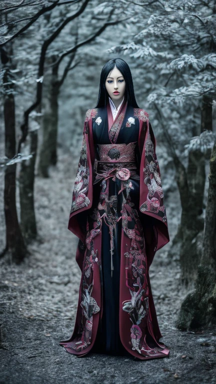 High resolution ultra detailed realistic 4k photography of a Japanese demon Woman with long legs and medium breast size, Japanese demon Woman wears as clothing a Japanese demon dress with many details and embroidered patterns, clothing with different colors, Model pose of Japanese witches is floating in full body pose in a mystical forest looking towards the camera