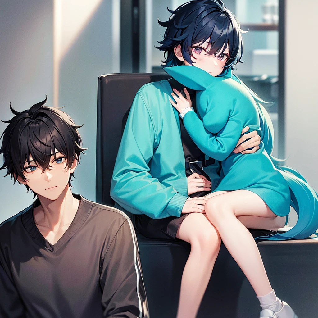 1 black hair boy, 1 cyan hair girl
