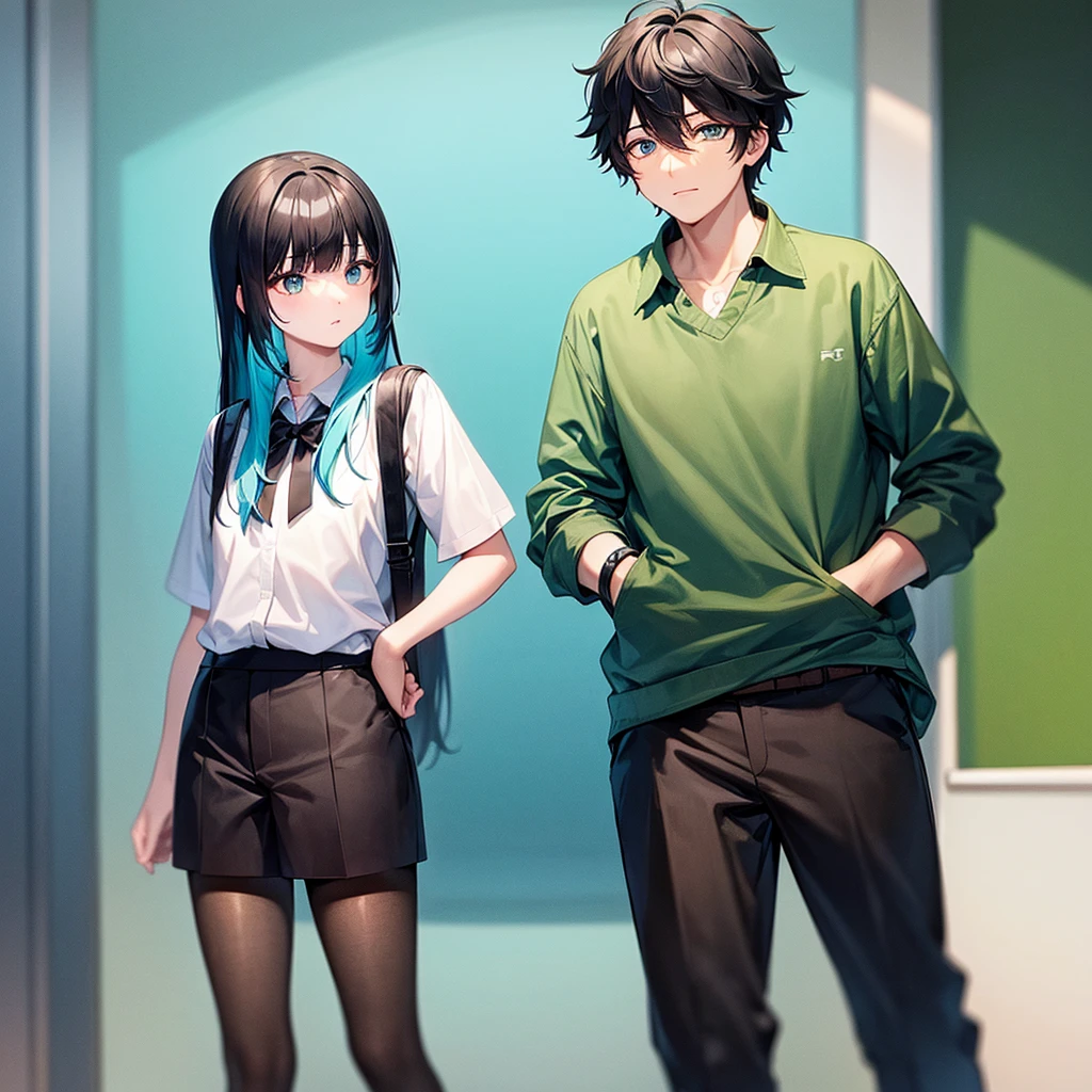 1 black hair boy, 1 cyan hair girl