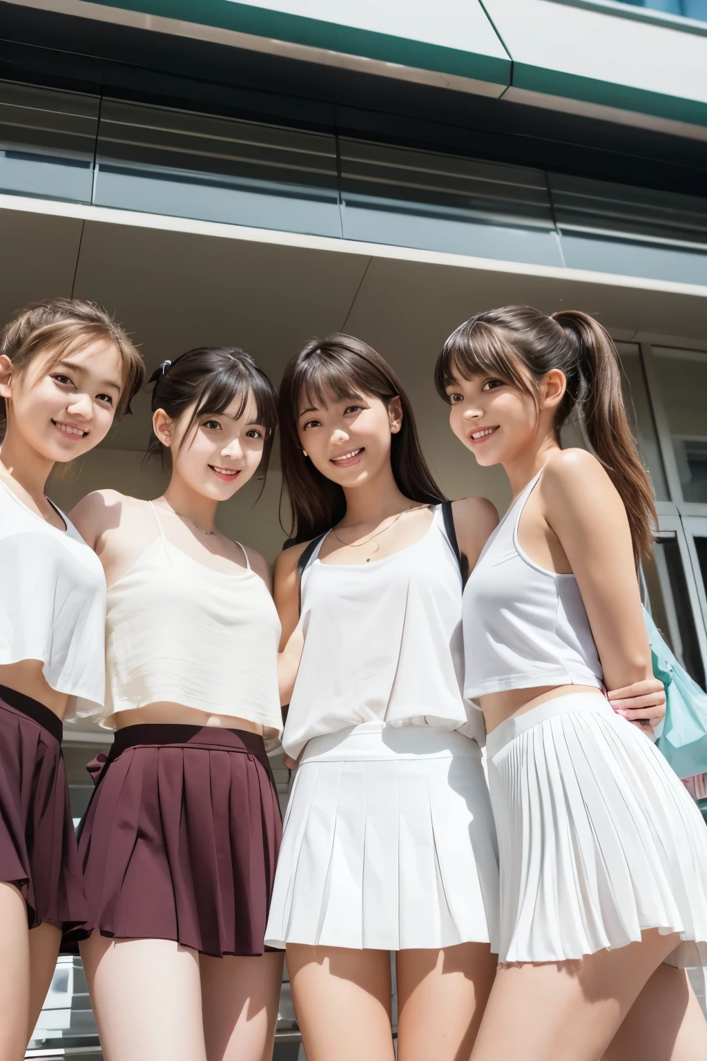 8k, real photo, five girls standing together, ((white:1.5)) tank top with pleated mini skirt, 14-year-old,bangs,a little smiles,thighs,knees,crotch,low ponytail,from below, low angle, exposing white panty, in a shopping area, shiny sun shine, photo shooting