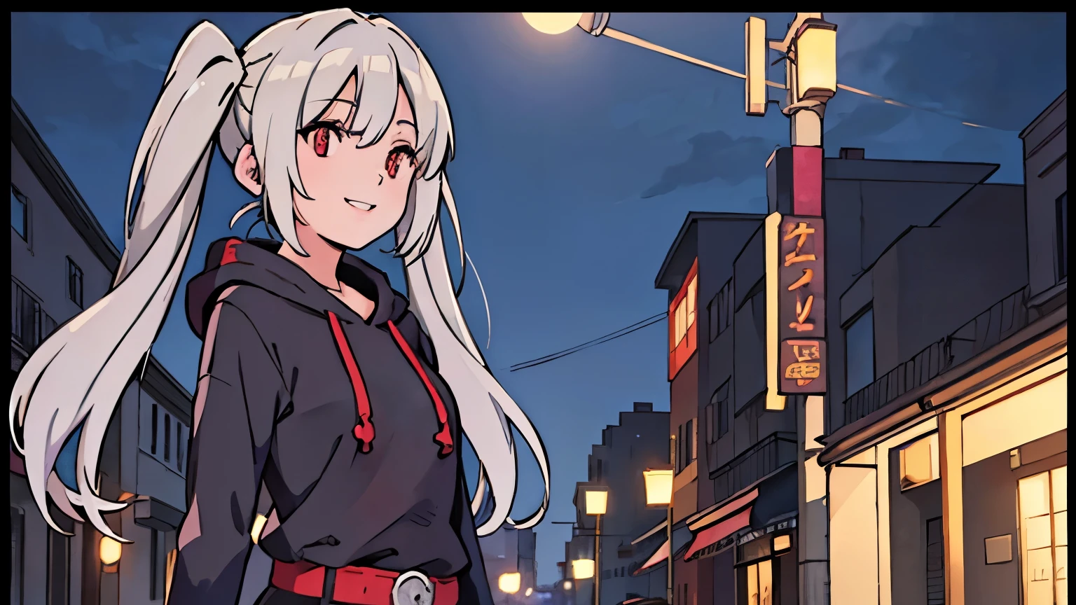 Walking around town at night, blonde hair, colored inner hair, silver hair, short twintails, diagonal bangs, hood, red eyes, light smile, parted lips, seductive smile, Ghibli-like colours, letterboxed, projected inset, sideways, UHD, best quality, high quality