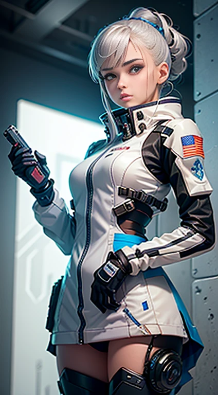 1 Gun style soldier girl in the background, Girl in White Mech, Cyberpunk anime mecha girl, Wearing sci-fi military armor, beautiful white cyborg girl, Cyborg - Silver Girl, Fira White Mech, Eco the Overwatch, Perfect anime cyborg woman, blue pupils, Five fingers, CGhSociety inspired