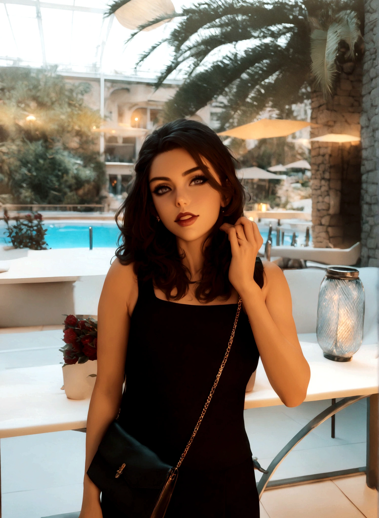 1girl, (Nadia Hilker) :1. 5, Champagne color Gatsby 1920s Flapper Dress with Sequins and Fringes, South of France, Monaco, Monte Carlo, dynamic angle, seductive grin, smokey eye shadow, high detail skin, high detail eyes, seductive eyes, smokey makeup, slender body, toned body, perfect face, slim athletic body, (perky small breasts:0. 75) , detailed clothing, intricate clothing, seductive pose, action pose, motion, casting pose, ((masterpiece) ), ((best quality) ), extremely detailed cg 8k wallpaper, bright colors, Dramatic light, photoreal full body (wide-angle lens, Panoramic:1. 2) , fantasy, hyper-realistic, amazing fine detail, rich colors, realistic texture, vignette, moody, dark, epic, gorgeous, film grain, grainy, beautiful lighting, rim lighting, magical, shallow depth of field, photography, neo noir, volumetric lighting, Ultra HD, raytracing, studio quality, octane render,