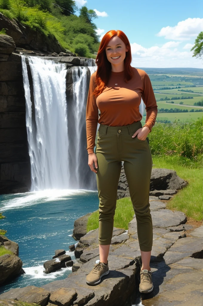 chris Eclear waterfall and Poole from 35 feet high Irish Vibrant red hair girl "She's very tall ,Hands Big breasts, and 1 arm over her head On the other in her hair in triumph In a Hiking pants and top in the colour of Brown khaki Gear," Standing knee high with two white little dogs Give this picture an Irish feel of an Irish countryside," Make all the water Bright blue