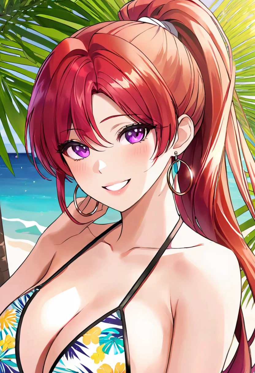 (best quality:1.4), (ultra highres:1.2), (8k, RAW photo:1.2), manhwa-artstyle, 1girl, solo, long hair, looking at viewer, smile, red hair, bare shoulders, purple eyes, upper body, bikini ,Perfect Hands, ponytail, hoop earrings ,full body view,