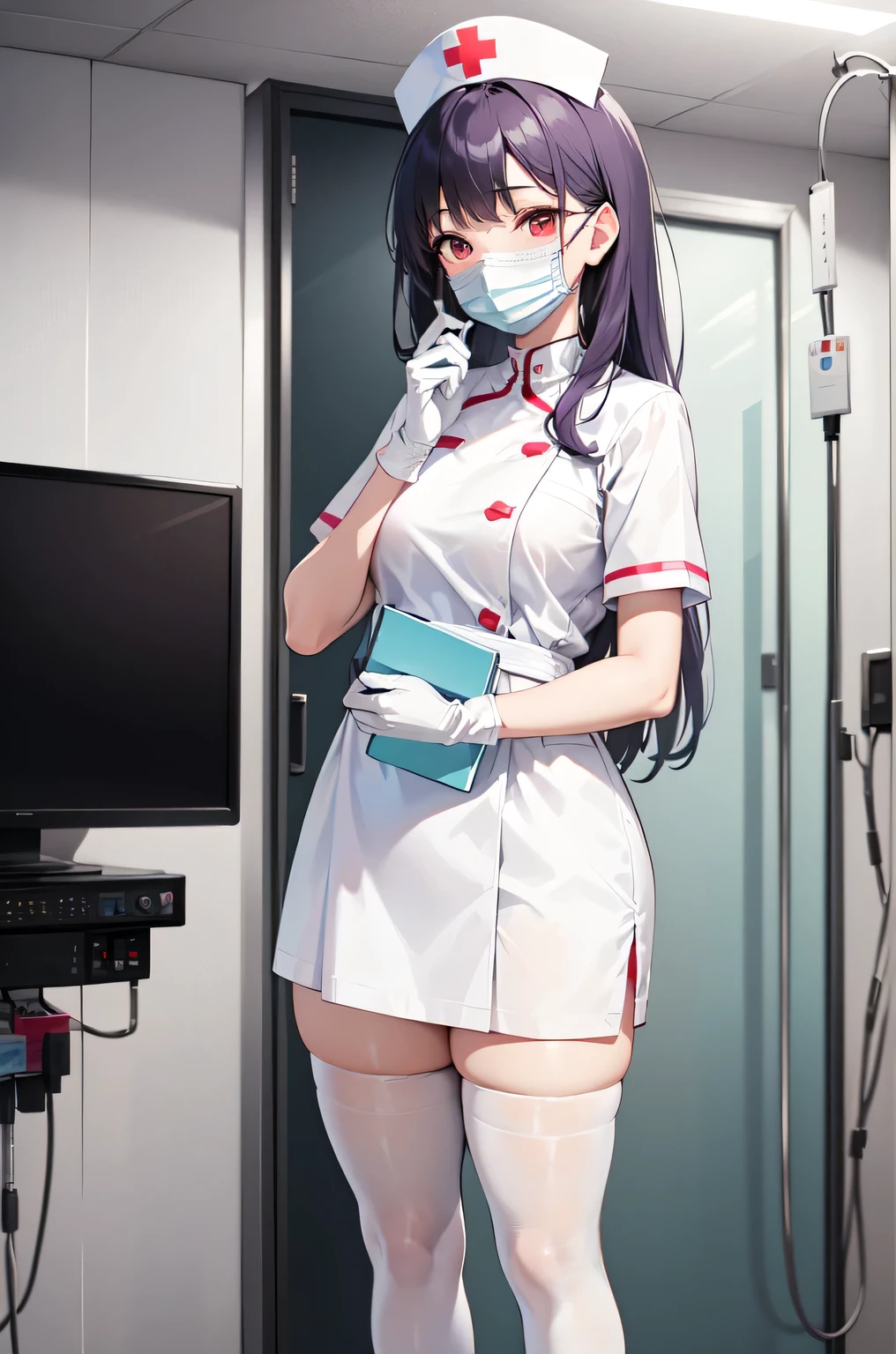 1woman, solo, nurse, white nurse cap, white nurse uniform, ((white legwear, zettai ryouiki)), white gloves, long hair, purple hair, red eyes, ((white surgical mask, covered nose)), standing, ((hospital room)), sharp outline, short sleeves, mature female, 35 years old, best quality, masterpiece