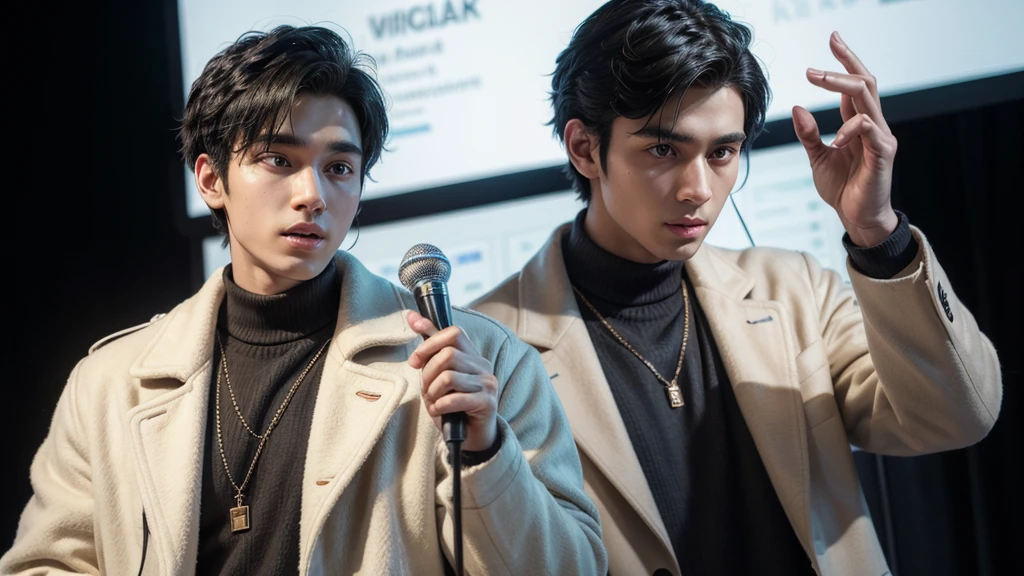 A guy with black hair and brown skin in a white coat looking at the screen and holding a microphone with his hand facing us.