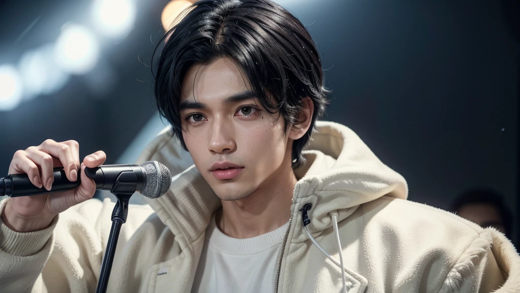 A guy with black hair and brown skin in a white coat looking at the screen and holding a microphone with his hand facing us.