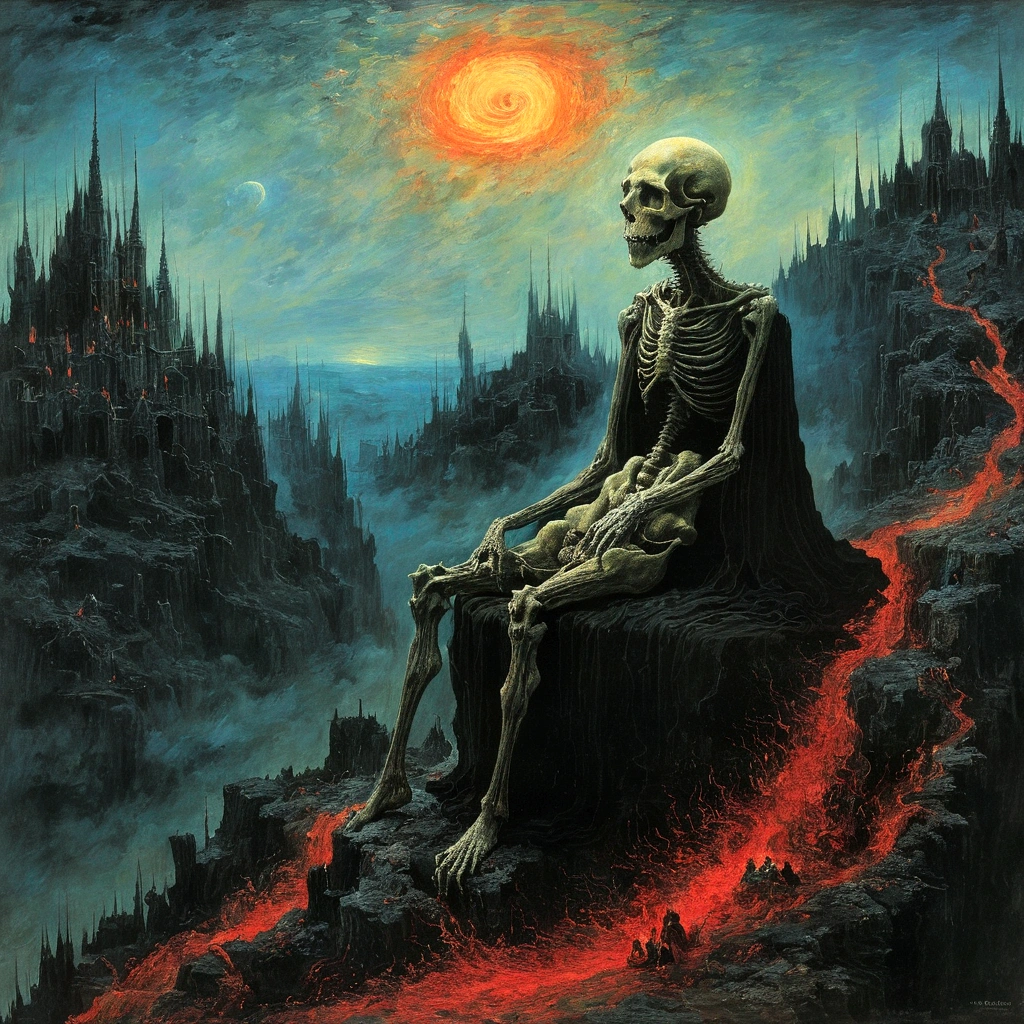 mythical creatures, author:Zdzislaw Beksinski and Vincent Van Gogh, album's cover, romantic, Surrealism, futuristic ,Smiling Corpse, Wizard, abstracted, Dark, landscape