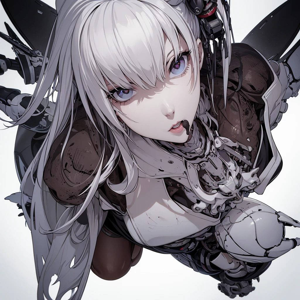 ((8K resolution))、((highest quality))、((masterpiece))、((Very detailed))((((dramatic))), (Anatomically correct)、The depth of the object to write、Looking at the camera、front、(woman、Mechanical bones格、Mechanical boneechanical Cervical Vertebra、Long and thin、lipstick、Spit sludge from the mouth、Bloody)、spooky、an  ominous、((theme、whole body:1.1)), SF、Design、White Background