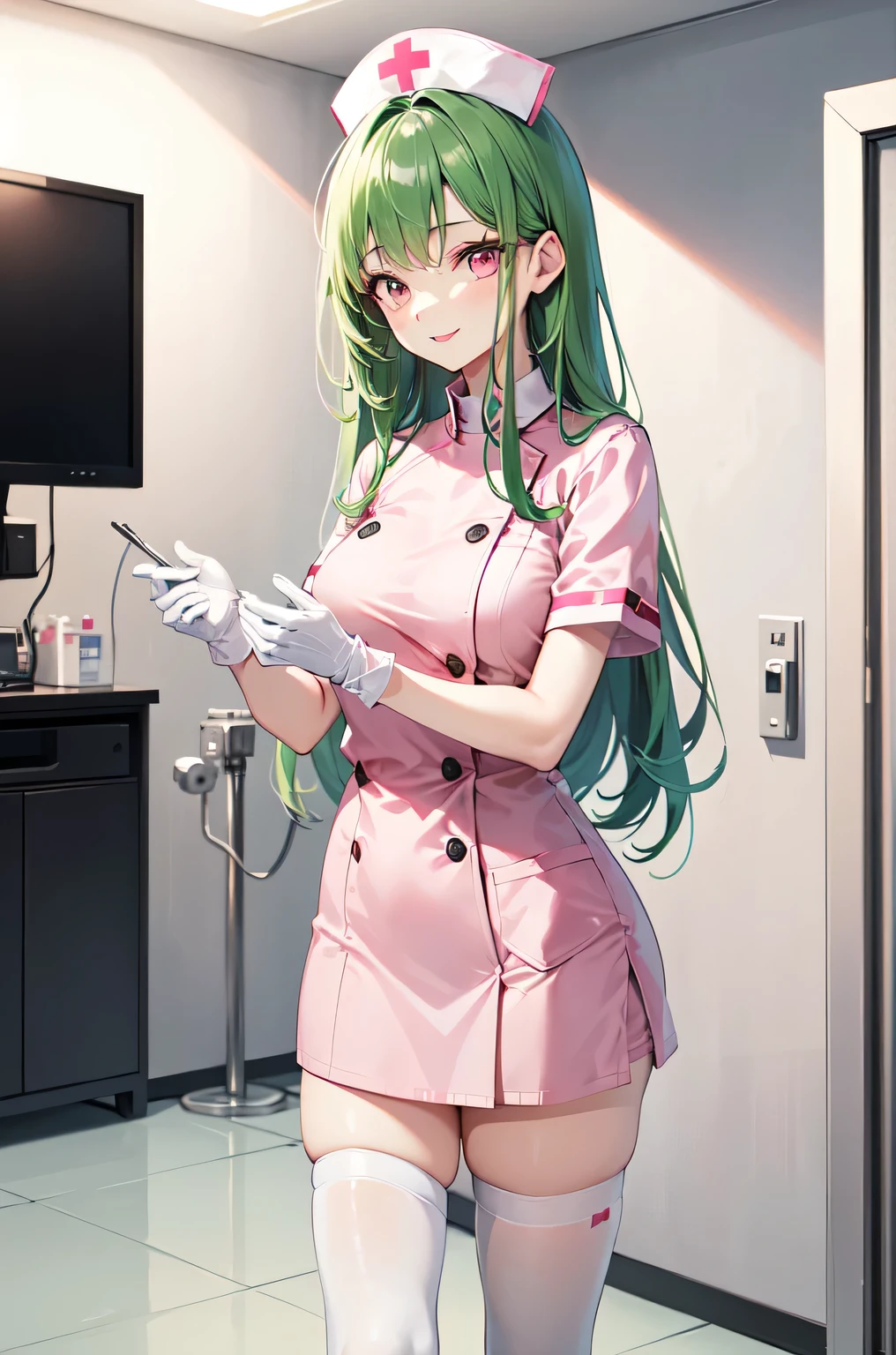 1woman, solo, nurse, white nurse cap, white nurse uniform, ((white legwear, zettai ryouiki)), white gloves, forehead, long hair, green hair, pink eyes, pink lips, smile, standing, ((hospital room)), sharp outline, short sleeves, mature female, 35 years old, best quality, masterpiece