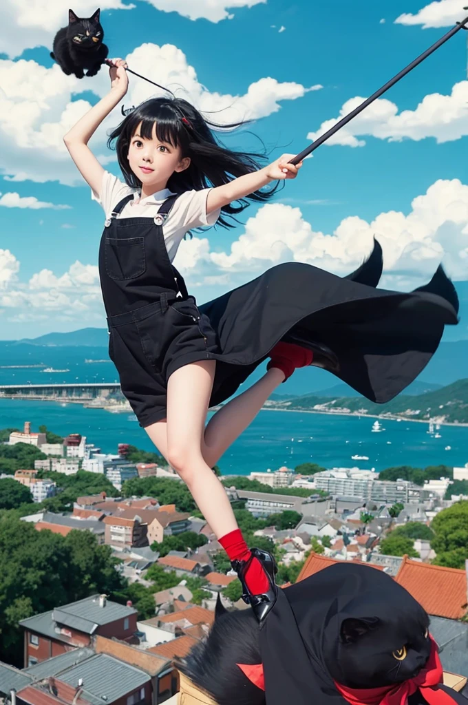 Studio Ghibli style animation. Witch's Delivery Service, Japanese girl with black hair, red ribbon in her hair, black overalls outfit, short, flying on a broom, black cat sitting at the end of the broom. She is flying over a cityscape with a view of the sea. Top quality, masterpiece, detailed, highest quality, 12K