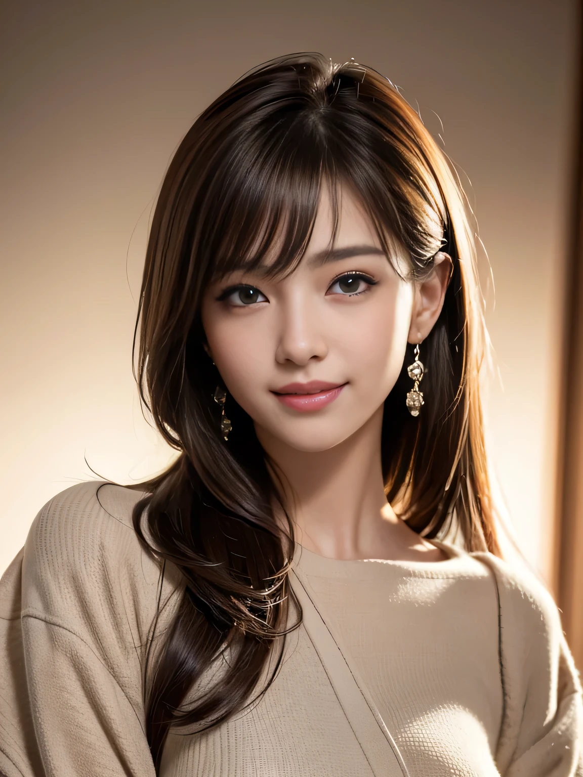 (Raw photo, Best Quality), (Realistic, Photorealsitic:1.4), masterpiece, extremely delicate and beautiful, Extremely detailed, 8k wallpaper, amazing, finely detail, extremely detailed CG Unity, hight resolution, 1 japanese woman, cowboyshot, Soft light, beautiful detailed women, 25 years old, extremely detailed eye and face, beautiful detailed nose, Beautiful detailed eyes, Cinematic lighting, Perfect Anatomy, Glamour, (Mischievous smile), (hair messy, asymmetrical bangs, light brown hair), (neat and clean clothing), (layering clothing),