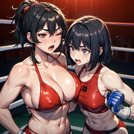 Two injured Japanese female heavyweight kickboxers boxing hard in the ring。Dynamic punch exchange。Murderous intent。Very intense battle。Sweating a lot。One eye closed, out of breath。Drooling。Boxing gloves。Erect nipples。Muscular。Six Pack Abs。Very thick arms and thighs。Super big breastonokini。