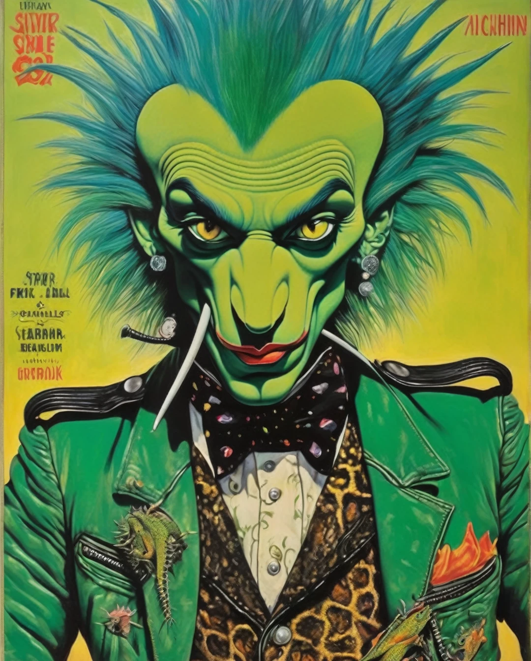 A rebellious anthropomorphic lizard adorned in edgy punk rock attire, this poster design for a rock show is a surreal masterpiece in the style of Salvador Dali and Max Ernst. The lizard protagonist is depicted with vibrant, spiky green hair, spiked leather jacket, and torn jeans, exuding a sense of defiance and coolness. The artwork is a painting that showcases intricate details and bold colors, capturing the essence of rebellion and creativity. The composition is expertly crafted, with a surreal and dreamlike quality that mesmerizes the viewer, making it a visually striking and unforgettable piece.
